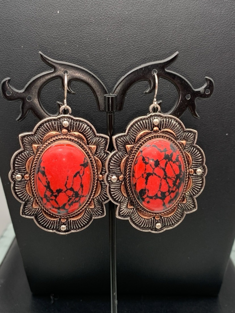 Antiqued silver and copper tone Bold Red Stone Floral Drop Earrings
